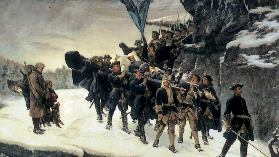 Gustaf Cederströms målning "Karl XII:s likfärd" från 1884. Arkivbild.