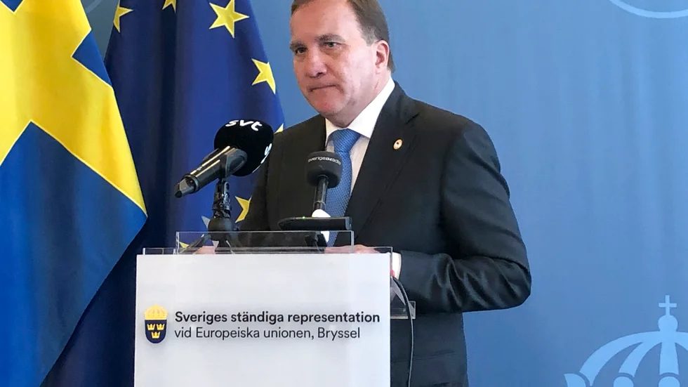 När coronapandemin i somras gjorde att toppmöteslokalerna stängdes för pressen fick statsminister Stefan Löfven (S) i stället träffa svenska journalister på Sveriges EU-representation. Arkivfoto.