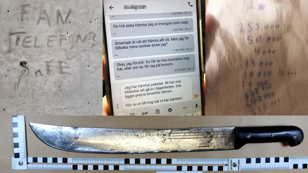 Bilder ur förundersökningen. Klotter på väggen i arrestens utegård, enligt utredningen mellan de tilltalade. Sms från offret, där han hämtar ut paket i hopp om att få tillbaka sina nycklar. Lapp med lånesummor, tagna i offrets namn och längst ned macheten han hotades med. 