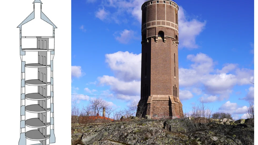 En lösning för gamla vattentornet i Västervik? Sprängskissen visar hur man vill bygga invändigt i Nora.