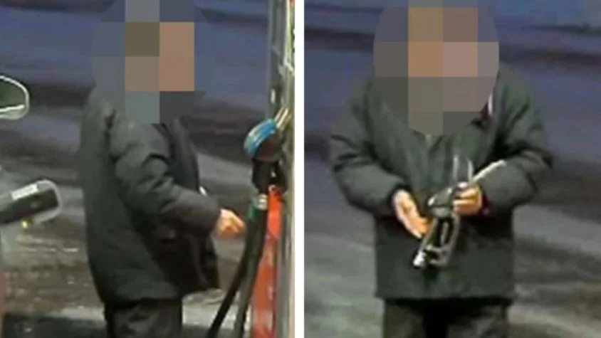 Den 78-årige mannen filmades av en övervakningskamera när han tankade bilen. (Bilderna är hämtade ur förundersökningen.) 