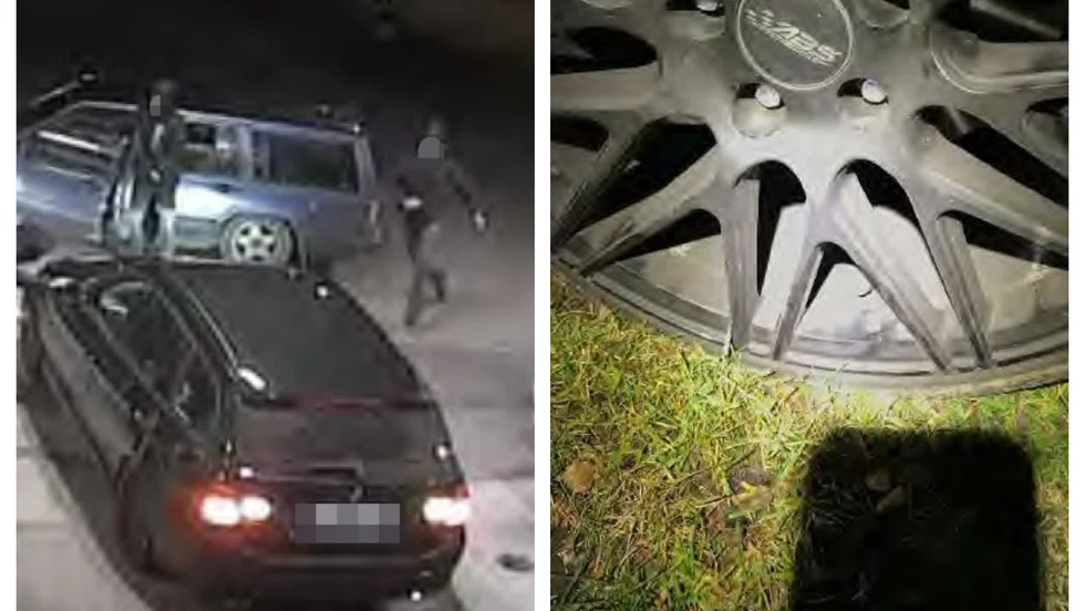Delar av händelseförloppet vid bensinstation fångades på en övervakningsfilm. Ett däck punkterades i samband med händelsen. (Bilderna är hämtade ur förundersökningen .) 