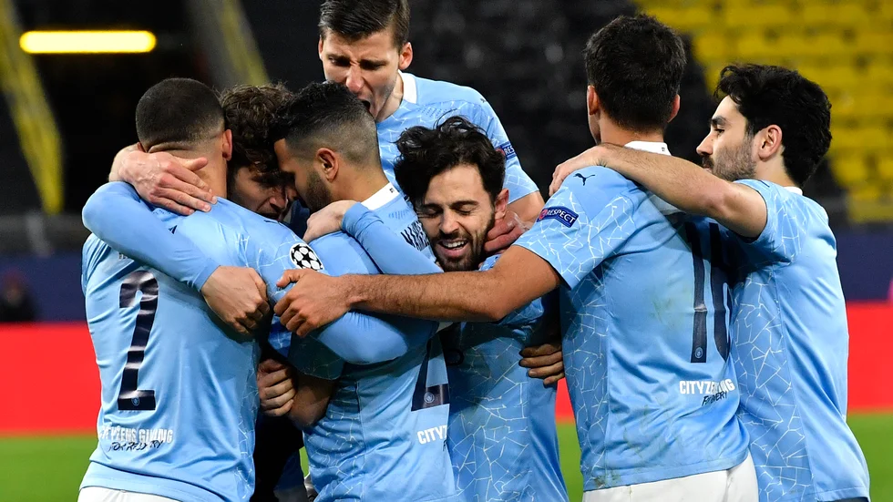 Manchester City-spelarna jublar efter ett mål i kvartsfinalen mot Dortmund i förra veckan. Arkivbild.