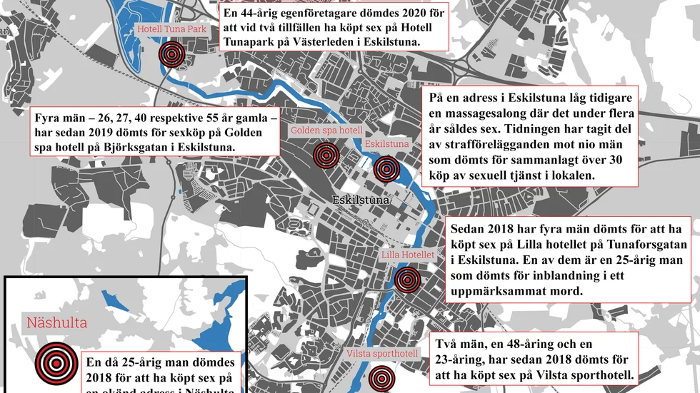 Adresserna ovan förekommer i domar och strafförelägganden gällande köp av sexuell tjänst i Eskilstuna kommun mellan 2018 och 2021.