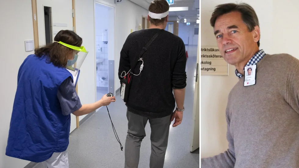 Ett gångtest på Karolinska universitetssjukhuset i Solna. Där finns en av få mottagningar i landet som tar emot långtidssjuka i covid-19 även om patienterna inte legat på sjukhus. Till höger: Hans Brandström.
