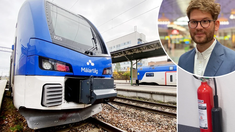 Mikael Grinbaum, presskommunikatör SJ, hyllar det rådiga ingripande med en brandsläckare som löste situationen med en rykande väska på ett tåg i Hälleforsnäs på måndagsförmiddagen.