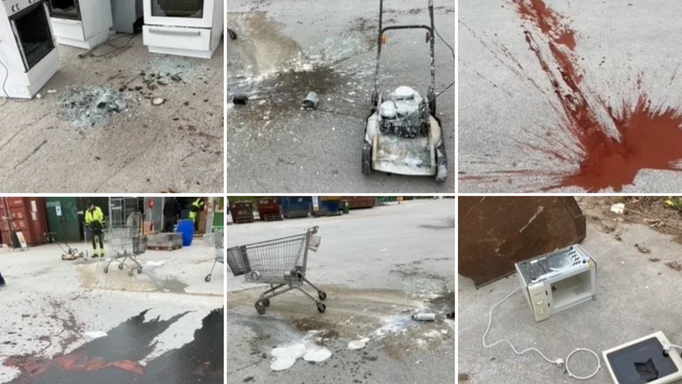 Ett kollage med teknikförvaltningens egna bilder på skadegörelsen.