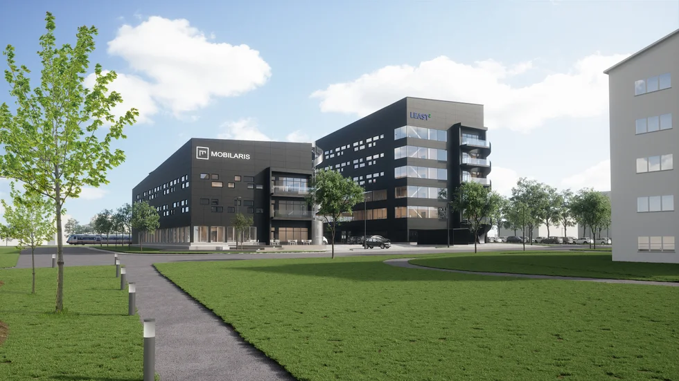 Här är det första bygget i Luleås nya bostadsområde. De gråsvarta kontorskomplexen har begåvats med namnet Least. I bakgrunden skymtar järnvägen och utanför skissen till höger ligger äldreboenden Sundsgården och Sundsbacken.
