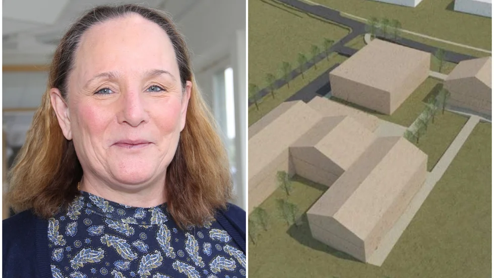 Liselotte Grahn Elg (M). Till höger skiss på hur en skola skulle kunna placeras intill Kalmarleden, mitt emot Bista industriområde som syns som vita byggnader i bilden.