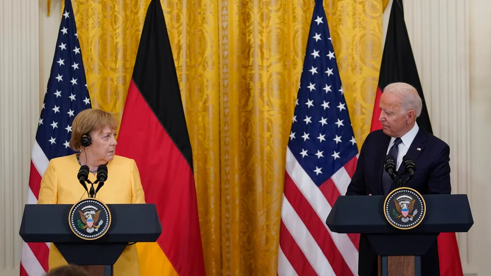 Tyskland förbundskansler Angela Merkel och USA:s president Joe Biden på en presskonferens förra veckan. Nu uppges länderna vara nära ett avtal om Nord Stream 2.