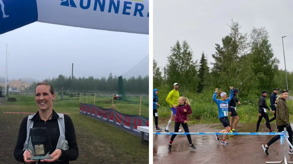 Emma Grenestam, till vänster, får motta första pris vid målgång efter 18 varv, vilket var strax före klocka 04 på natten. På bilden till höger: Emma med sina döttrar och storebror vid starten kl 10. 