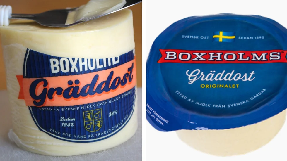 Lika som bär? Till vänster Glada Bonden och till höger Arla. Tillägget "Äkta" på den vänstra har tyvärr hyvlats bort av någon hungrig ostkonsument.