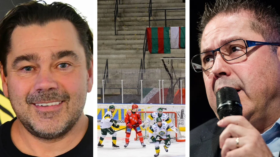 Almtunas klubbchef Robert Lif, t v, och Stephan Guiance, vd för hockeyallsvenskan, t h, anser att licenskraven bör slopas. I mitten de allsvenska finallagen Björklöven och Modo som inte får möjligheten att kvala till SHL.