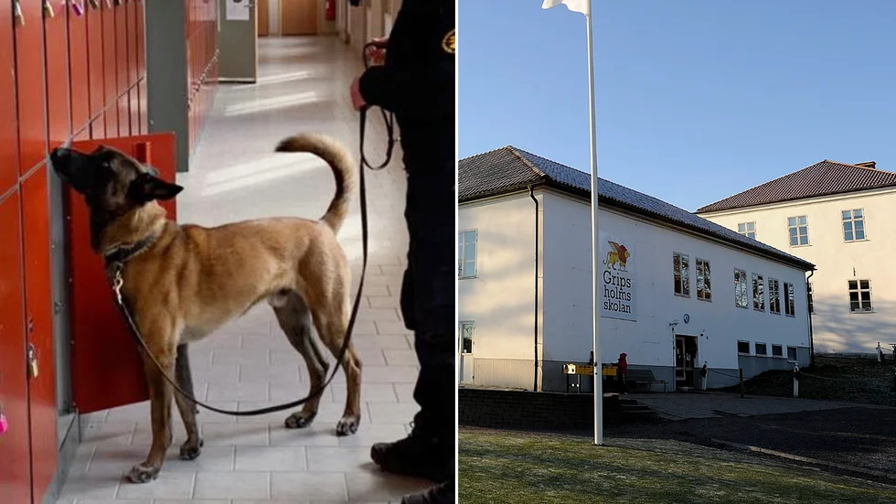 Poliser med hund sökte tidigare i veckan efter knark på Gripsholmsskolan (just denna patrull hade inget med insatsen att göra).