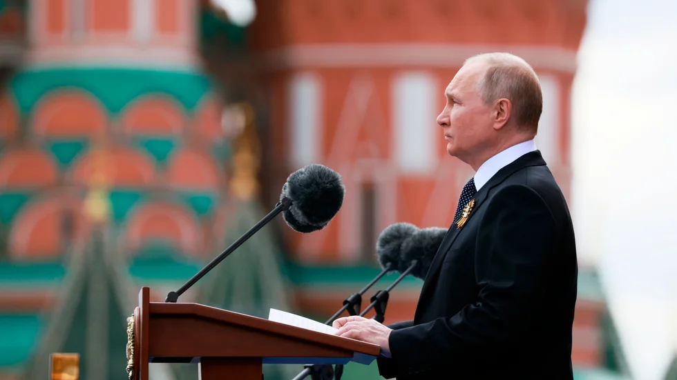 President Vladimir Putin vid sitt tal på Segerdagen i Moskva den 9 maj i år.