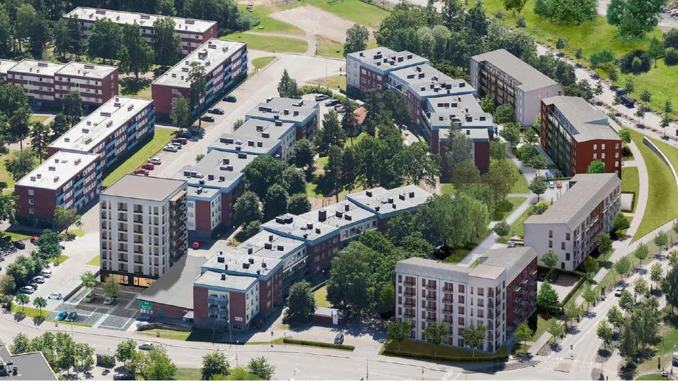Illustration där de fem planerade nya huskropparna i kvarteret Järpen finns med. Ett av husen är åtta våningar högt och föreslås ligga ovanpå det som i dag är apotek, bredvid matbutiken Tempo.
