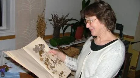 Marianne Hult med några blad ur Robjens-bonden Antonius Krusells herbarium som nu dokumenterats av länsmuseet.