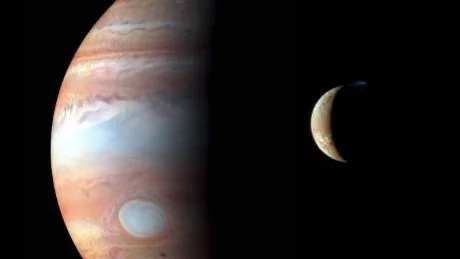 This image provided by NASA Tuesday Oct. 9, 2007 shows a montage of New Horizons images of Jupiter and its volcanic moon Io, taken during the spacecrafts Jupiter flyby in early 2007. New Horizons passed Jupiter on Feb. 28, 2007 riding the planets gravity to boost its speed and shave three years off its trip to Pluto. It was the eighth spacecraft to visit Jupiter  but a combination of trajectory, timing and technology allowed it to explore details no probe had seen before, such as lightning near the planets poles, the life cycle of fresh ammonia clouds, boulder-size clumps speeding through the planets faint rings, the structure inside volcanic eruptions on its moon Io, and the path of charged particles traversing the previously unexplored length of the planets long magnetic tail. The prominent bluish-white oval is the Great Red Spot. The Io image is an approximately true-color composite taken by the panchromatic Long-Range Reconnaissance Imager. New Horizons is the first mission in NASAs New Frontiers Program
