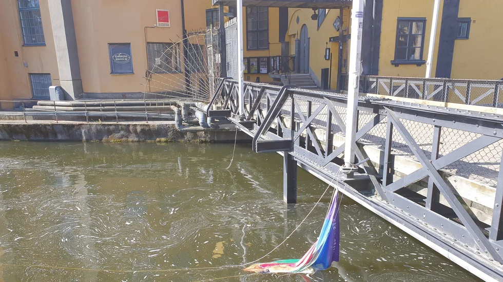 Skadegörelse vid Arbetets museum inför East Pride. Flagglinorna hade skurits av. Här har en av prideflaggorna hamnat i Strömmen.