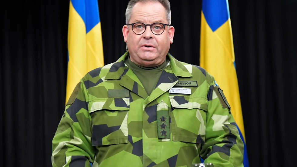 Insatschef Michael Claesson vid Försvarsmakten under torsdagens digitala pressträff.