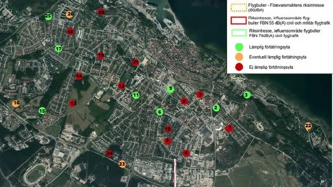 Grönt område – Lämplig förtätningsyta
Orange område– Eventuell lämplig förtätningsyta
Rött område – Ej lämplig förtätningsyta.