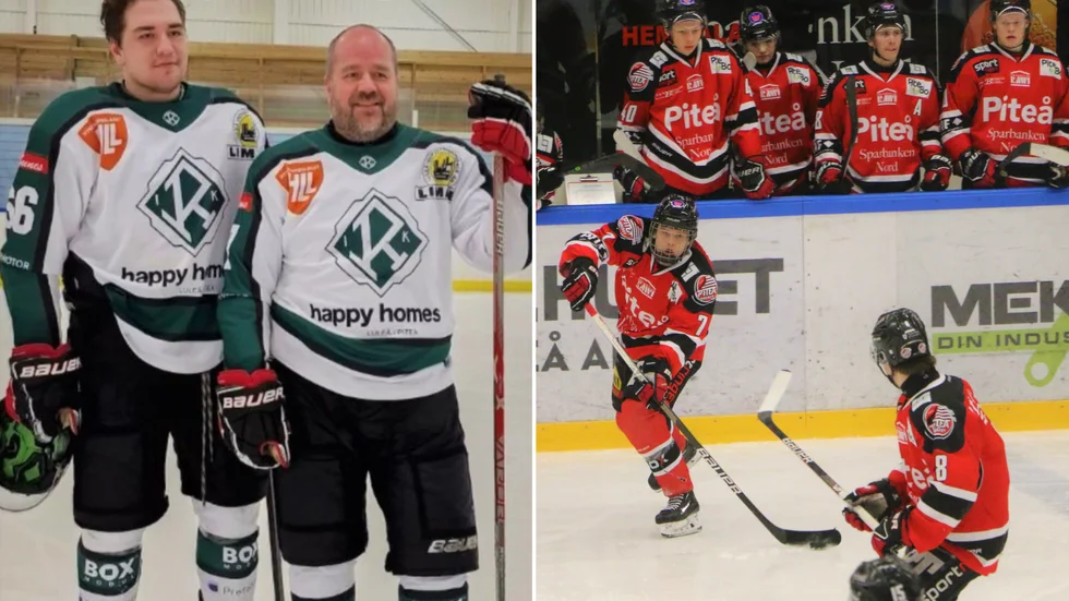 Christer Sjöberg som 52-åring i Rosviks tröja tillsammans med sonen David. Nu tar han över som tränare för Piteås J20-lag (bild till höger)