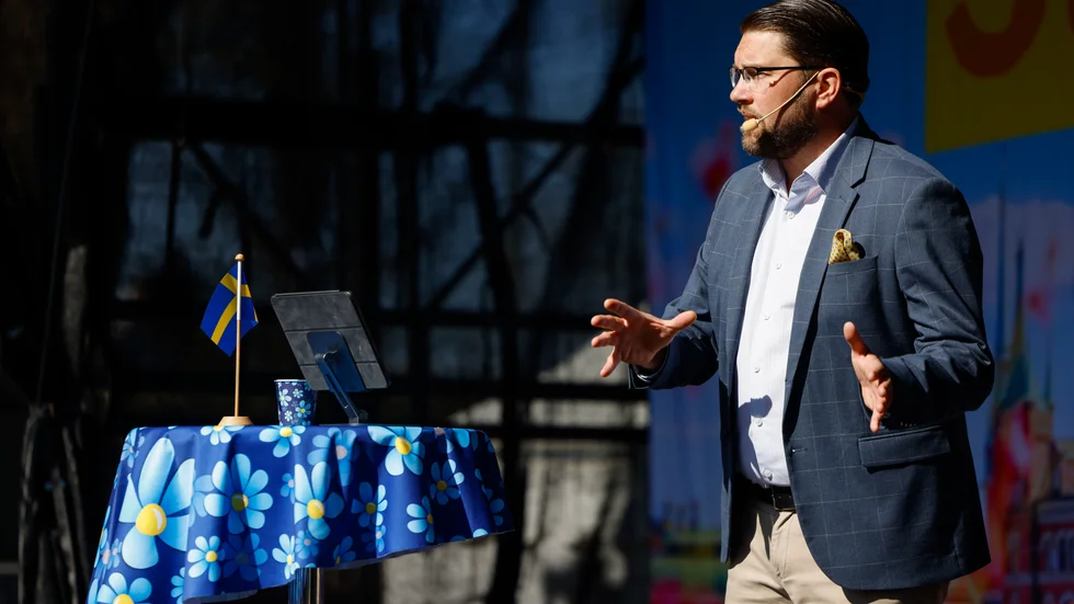 Sverigedemokraternas partiledare Jimmie Åkesson håller vårtal på Långholmen i Stockholm.