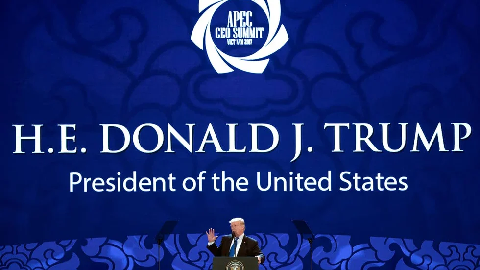 U.S. President Donald Trump speaks at the Asia-Pacific Economic Cooperation (APEC) CEO Summit at the Aryana Convention Center in Danang, Vietnam, Friday, Nov. 10, 2017. (AP Photo/Mark Schiefelbein)