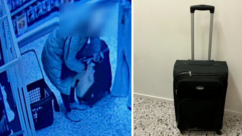 En kvinna stal varor för över 5 500 kronor på en stormarknad i Uppsala i februari. Hon stoppade ned kläder och smink i den svart resväskan till höger. 
