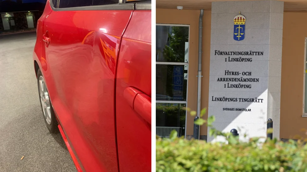 28-åringen sparkade på en bil med en buckla som följd. (Bilden till vänster är hämtad ur förundersökningen.) 