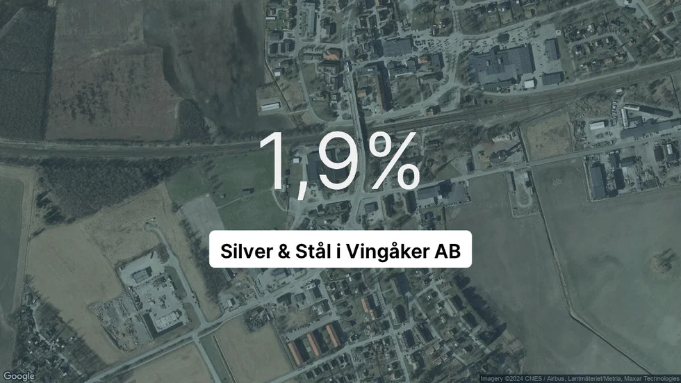 Illustrationen visar rörelsemarginalen för Silver & Stål i Vingåker för det senaste året. Bakgrunden är en satellitbild över företagets adress.