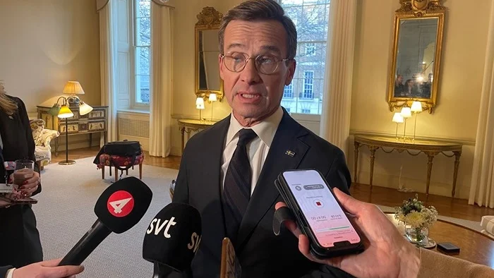 Statsminister Ulf Kristersson (M) efter säkerhetsmötet i London.