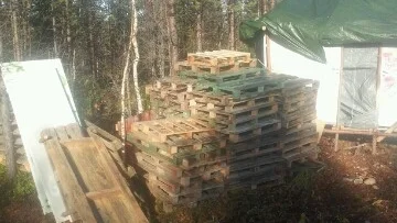 STAPLAR AV TRÄPALLAR. Kvarlämnat i skogen finns materialet som demonstranterna byggde sina barrikader under de heta sommarmånaderna i Kallak.