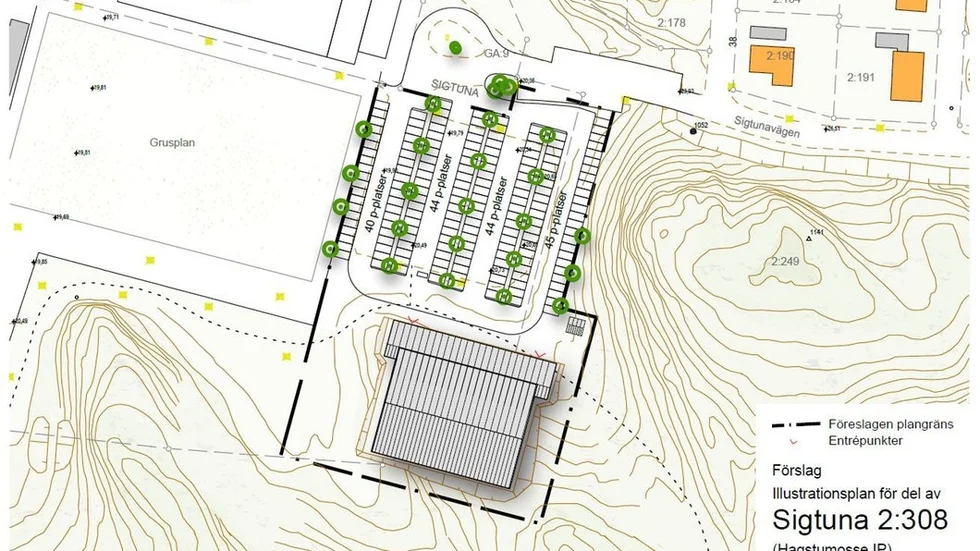 Ritning över den planerade idrottshallen för vilken berg ska sprängas bort, samt de tillhörande parkeringsplatserna utanför.