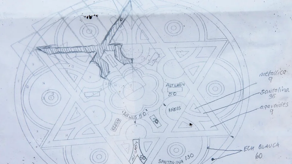 Planteringsschemat för tapeten i årets broderiträdgård.