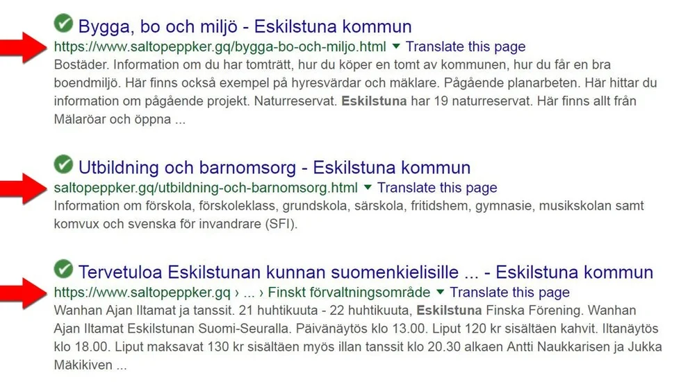 Den som söker efter Eskilstuna kommun via exempelvis Google kan få upp sökresultat som ser ut att vara länkar till Eskilstuna kommuns hemsida men där adressen i länken inte alls går till eskilstuna.se.