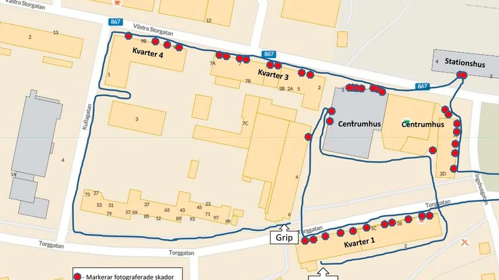 Den här kartan visar kofotmannens väg genom Gnesta centrum den 19 januari.