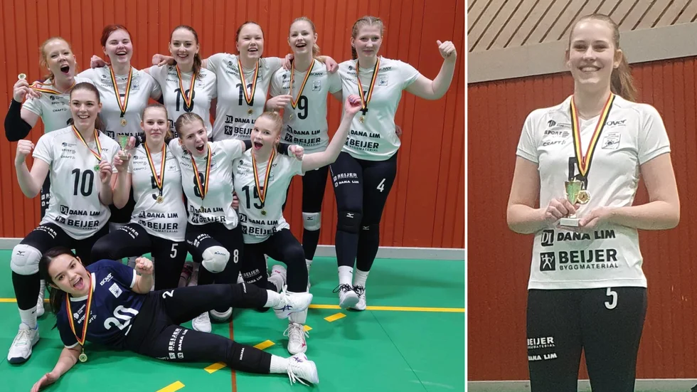 KFUM Skellefteås U17-lag med medaljerna kring halsen. Till höger Jennifer Blylod, som utsågs till turneringens bästa spelare. 