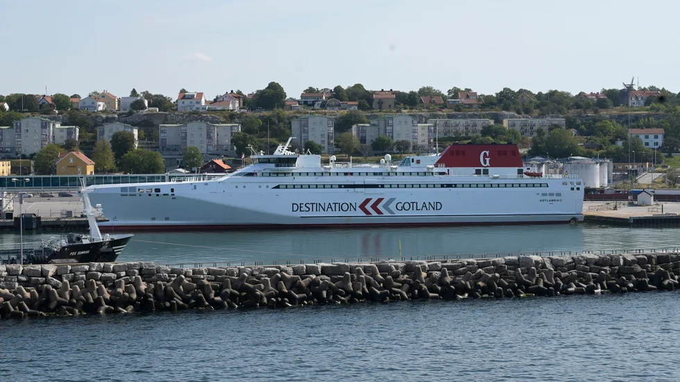 Gotlandsfärjan Gotlandia II vid kaj i Visby. Arkivbild.