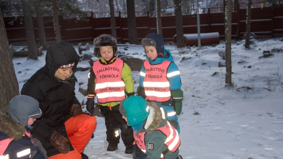 SPÅR. Albin Sundkvist, Arvid Rydbjörk, Anton Kättström och Isak Hellgren undersöker djurspår i snön tillsammans med förskollärare Carina Mattila. Kylan bekommer dem inte.