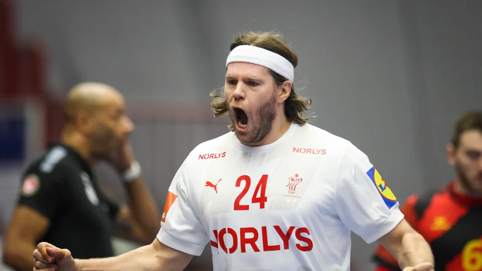 Mikkel Hansen jublar under Danmarks VM-premiär mot Belgien i Malmö arena.