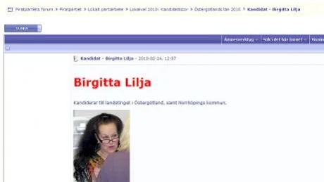 På Piratpartiets hemsida presenteras Birgitta Lilja som kandidat.