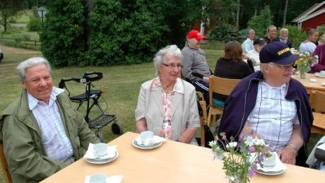 Harald Eriksson, Alice Davidsson och Sören Andersson från Hällestadgården njuter av skön musik och härligt väder. Foto: Emma Edström