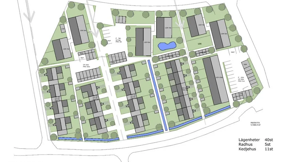 Förslag. 56 bostäder fördelat på 40 lägenheter, fem radhus och elva kedjehus.