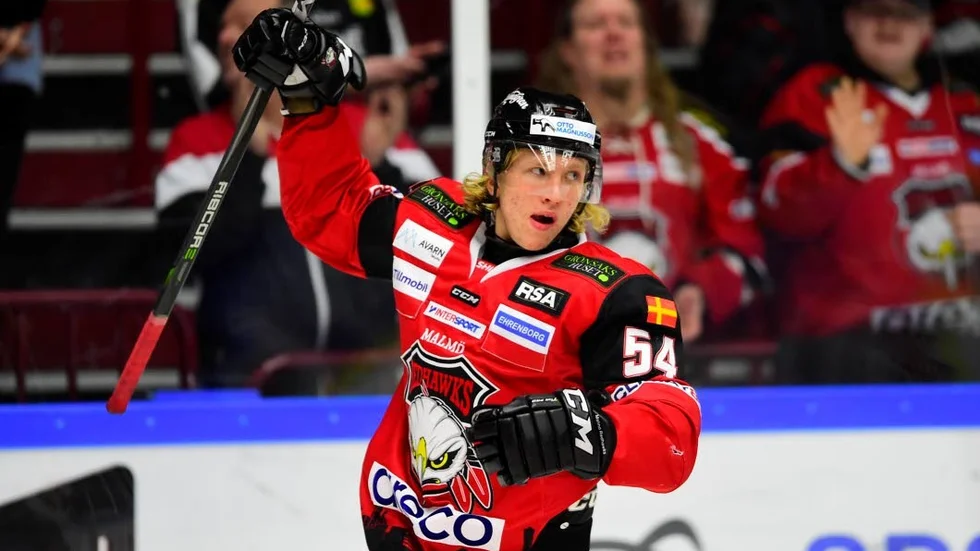 Malmö 20180102 Malmös Marcus Sylvegård jublar efter 3-4 under tisdagens ishockeymatch i SHL mellan Malmö Redhawks och Skellefteå AIK i Malmö Arena. Foto: Björn Lindgren / TT / kod 9290