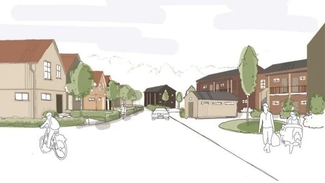 Så här kanske gatuvyn i det nya området kommer att se ut. Byggnaderna ska vara i trä och målas med dova färger för att smälta in i omgivningen, enligt förslaget.