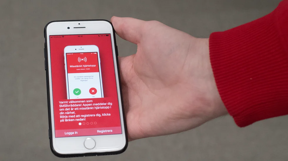 Så här ser appen SMS-livräddare ut. Sedan förra hösten används den i Kalmar län för att volontärer ska kunna få larm om när någon i närheten drabbats av ett hjärtstopp.