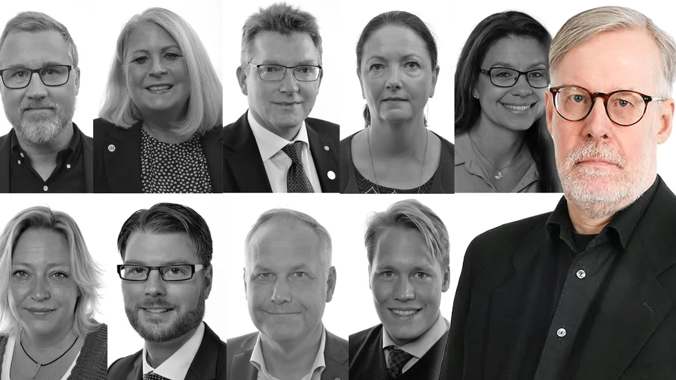 Västerbottens nio riksdagsledamöter. Övre raden från vänster: Jonas Andersson (SD), Elisabeth Björnsdotter Rahm (M), Isak From (S), Åsa Karlsson (S) och Helena Lindahl (C). Nedre raden från vänster: Helén Pettersson (S), Edward Riedl (M), Jonas Sjöstedt (V), och Björn Wiechel (S).