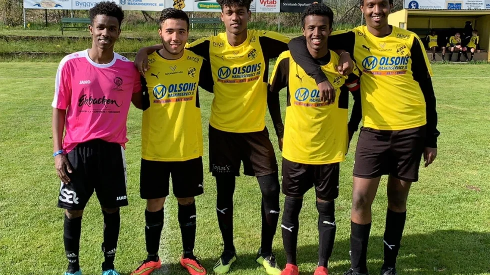Målskyttarna i matchen mellan KAIK och Vingåker. Från vänster Abdirizak Khalif, Parwiz Satari, Ismael Nasser, Abdiwali Bashir och Ayub Thalil.