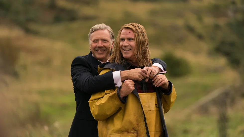 Mikael Persbrandt som Victor Karlsson och Will Ferrell as Lars Erickssong i "Eurovision song contest: The story of Fire Saga". Pressbild.